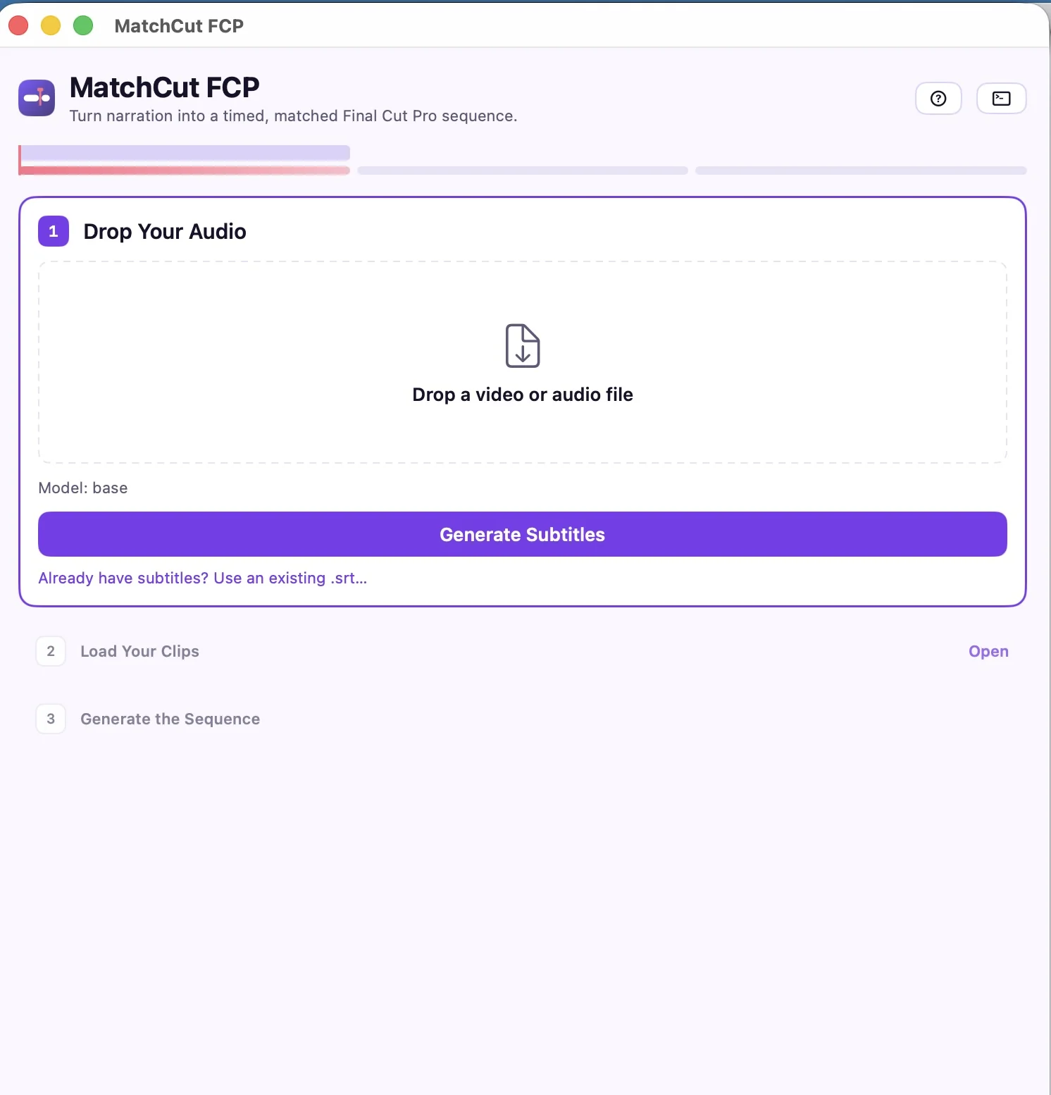 The MatchCut FCP app: drop audio, load clips, generate the sequence