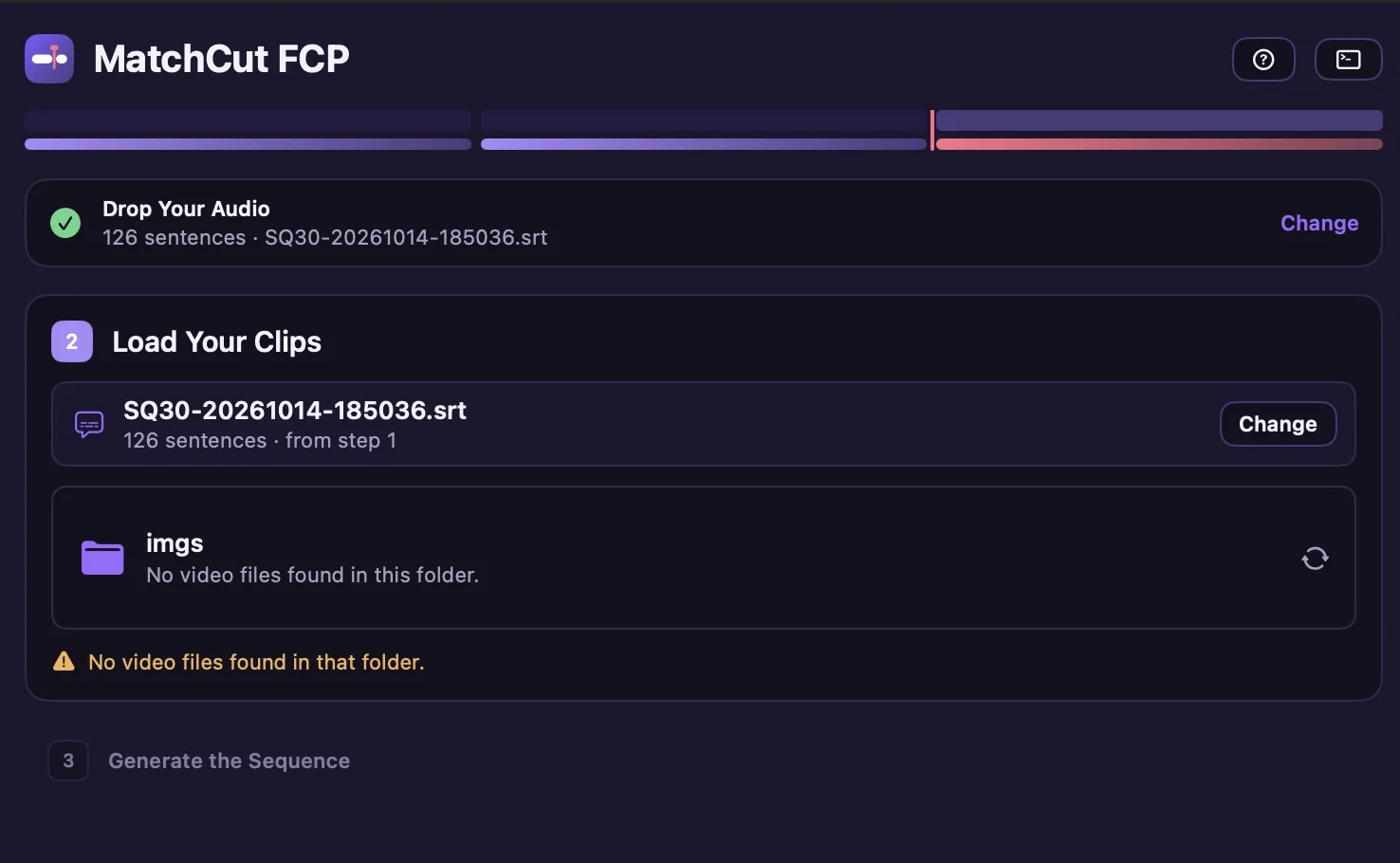MatchCut FCP step 2: load the numbered folder of clips